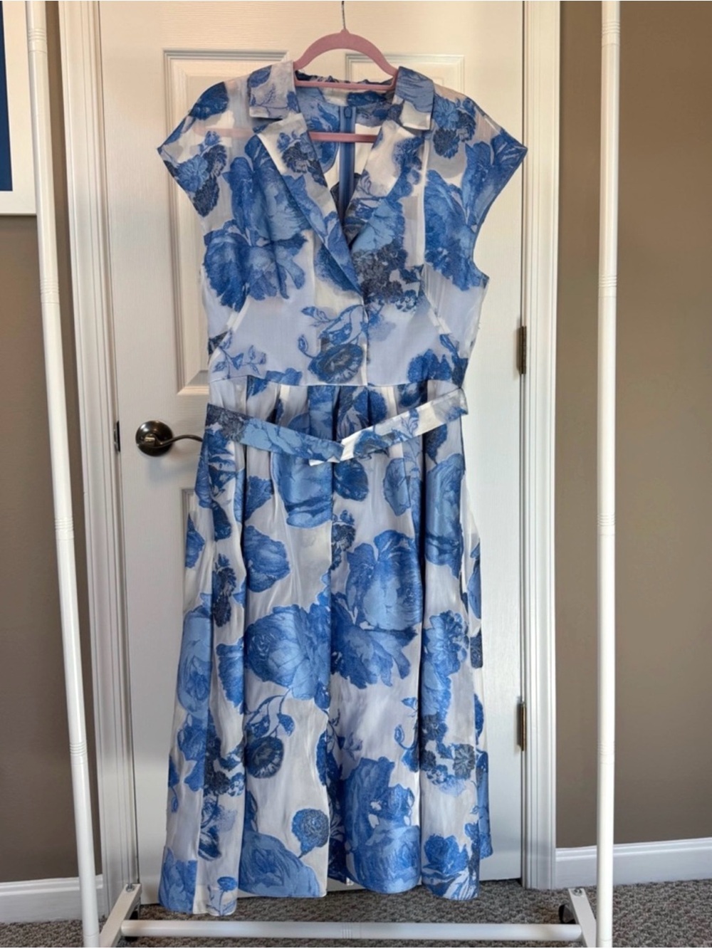 Lela Rose Floral Blue Midi Skirt Dress w/Adjustable Belt - NWT